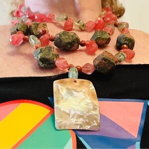 Genuine Multi-Strand Coral and Green Hand Beaded Necklace